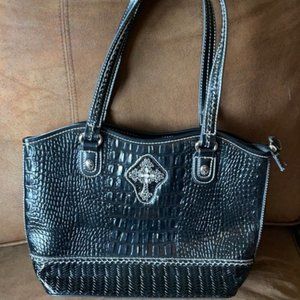 SILVERAKE Embossed Satchel with Crystal Cross Emblem